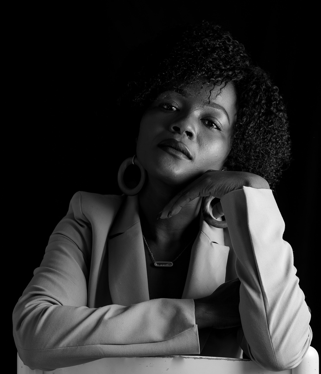 woman, model, portrait, pose, suit, afro, style, fashion, posing, young woman, girl, modeling, female, woman portrait, photoshoot, black and white, monochrome